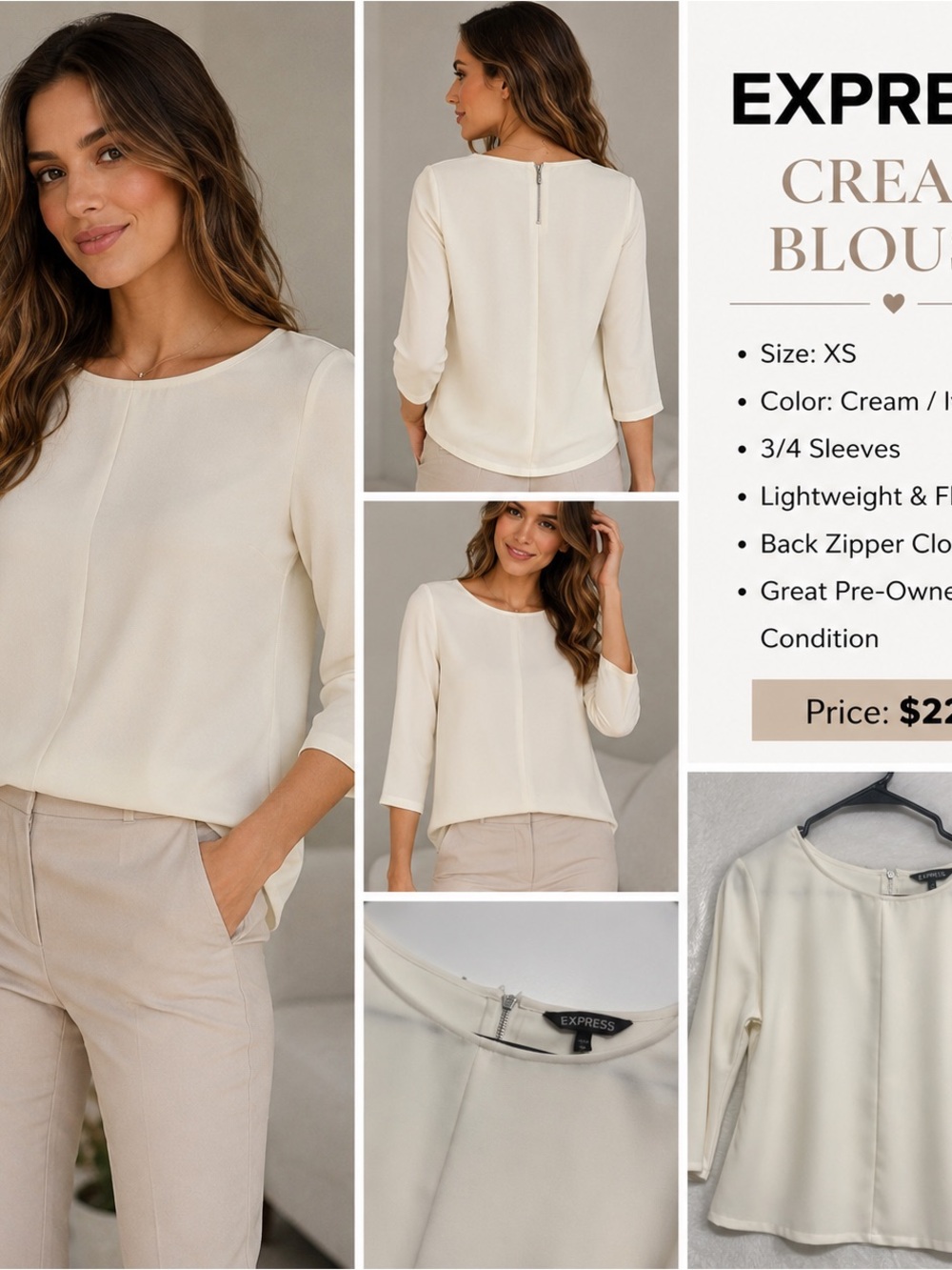 Express Cream 3/4 Sleeve Blouse
